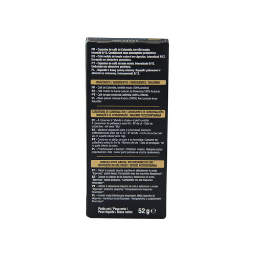 ALCAMPO GOURMET Café molido de tueste natural 100 % Colombia. Intensidad 8 en cápsulas ALCAMPO GOURMET 10 uds. 52 g.