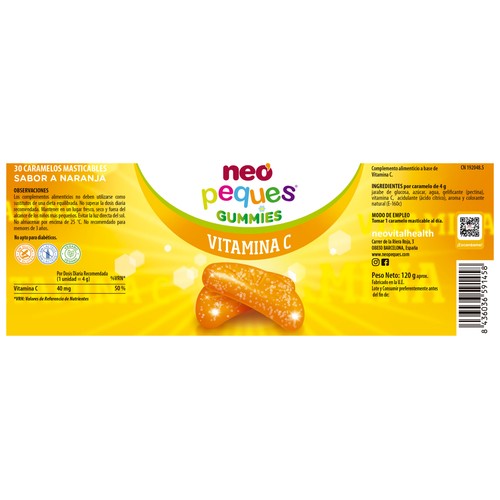 NEO PEQUES Caramelos masticables (gummies) sabor naranja ricos en vitamina C 30 uds.