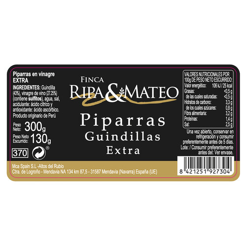 FINCA RIPA & MATEO Piparras guindillas en vinagre FINCA RIPA & MATEO 130 g.