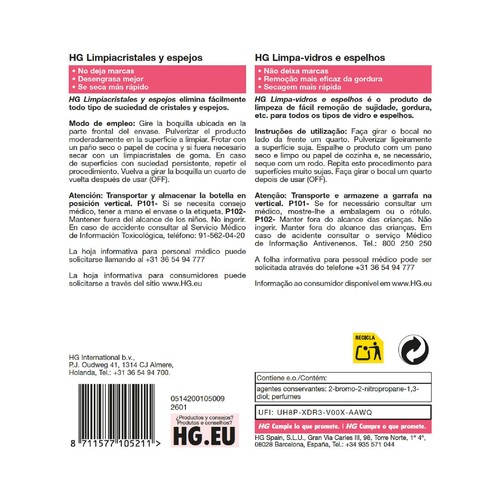HG Limpiador especial para cristales y espejos 500 ml.