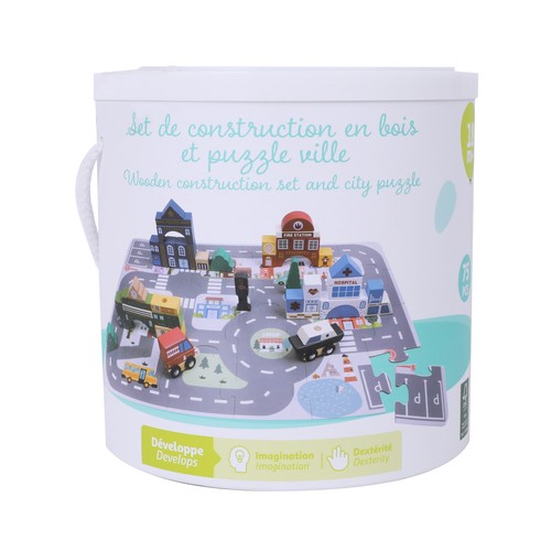 Cubo de Piezas Ciudad con Puzle y Bloques de Madera 75 piezas +18 Meses ONE, TWO FUN Baby