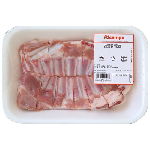 Falda en trozos de cordero lechal, ideal para barbacoa, freir y asados