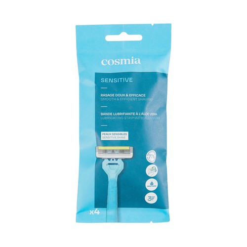 COSMIA Sensitive Cuchillas desechables con cabezal pivotante de 3 hojas, especial pieles sensibles 4 uds.
