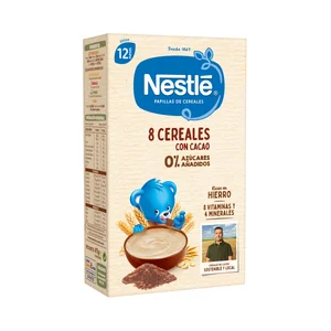 NESTLÉ Papilla de 8 cereales con cacao, sin azúcares añadidos, a partir de 12 meses 475 g.
