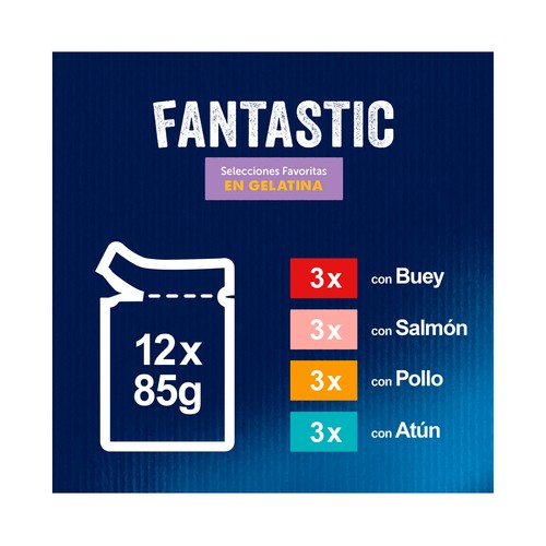 FELIX Comida para gatos húmeda tiernos trocitos en gelatina FELIX FANTASTIC 12 uds. x 85 g.
