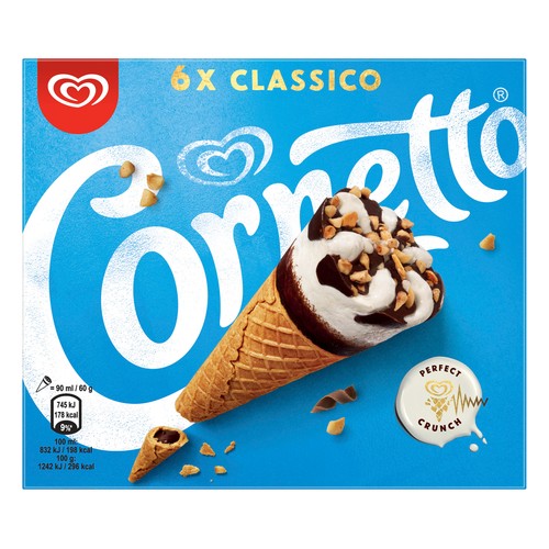 CORNETTO Conos de helado de leche, con trocitos de avellana 6 x 90 ml.