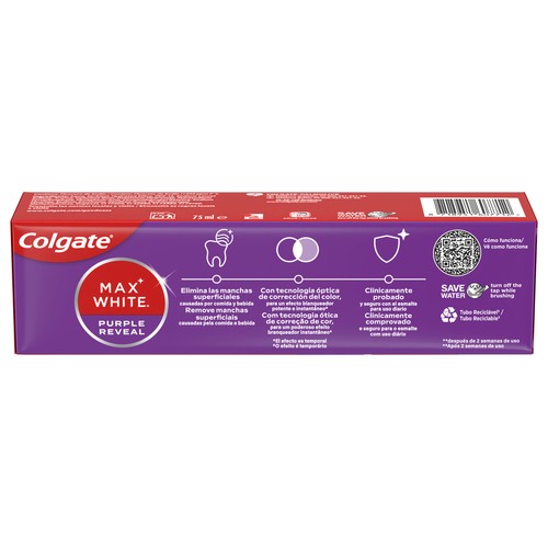 COLGATE Max white purple reveal Pasta de dientes de uso diario con acción blanqueante 75 ml.