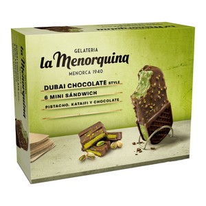 Imagen de LA MENORQUINA Mini sandwich de nata con chocolate estilo dubai, katafi y pistacho 6 x 85 ml.