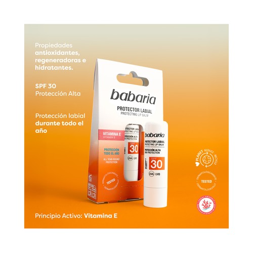 BABARIA Protector solar labial con aloe vera y FPS 30 (alto).