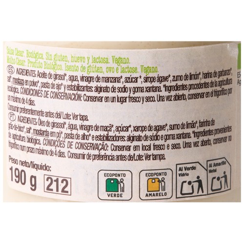 PRODUCTO ALCAMPO Bio Salsa César ecológica sin gluten, ni huevo ni lactosa 190 g.