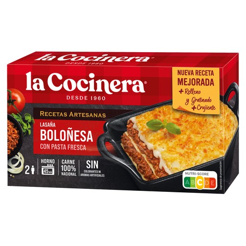 LA COCINERA Lasaña de pasta fresca al huevo a la Boloñesa (con carne 100% nacional)  Recetas artesanas 500 g.