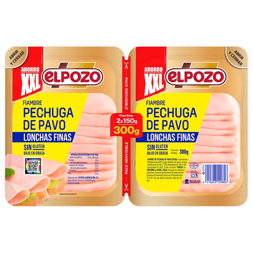 Fiambre de pechuga de pavo cocida, cortada en lonchas EL POZO 2 x 150 g.