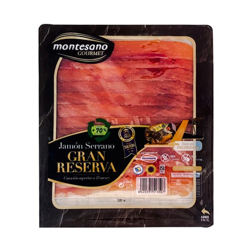 Jamón serrano gran reserva (curación mínima de 15 meses), cortado en finas lonchas MONTESANO Gourmet 120 g.