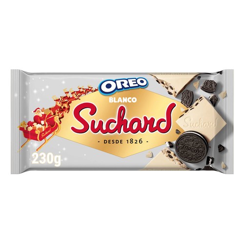 SUCHARD Turrón de chocolate blanco con trozos de galleta con cacao (Oreo) y arroz inflado 230 g.