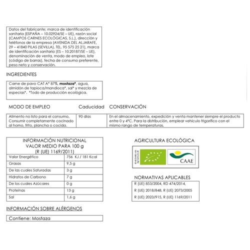 CAMPOS Salchichas cocidas ecológicas de pavo, tipo Frankfurt 250 g.