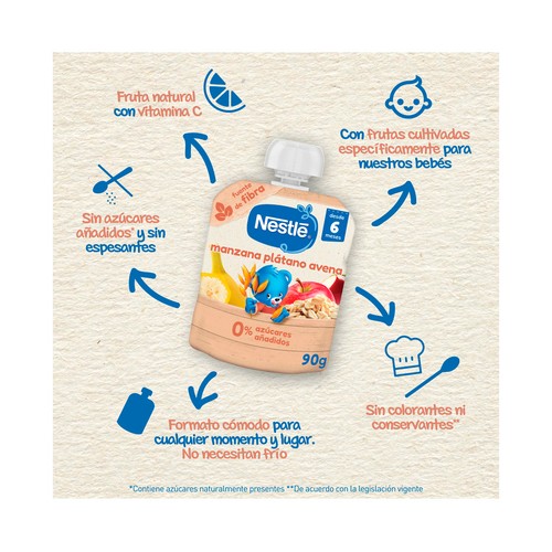 NESTLÉ Bolsita (pouch) de manzana, plátano y avena, a partir de 6 meses 90 g.