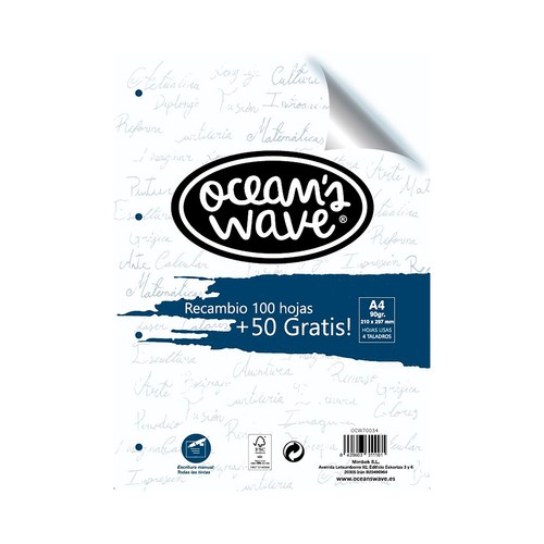 Recambio hojas lisas A4, 100 hojas + 50 gratis, 90 gr, OCEAN"S WAVE.
