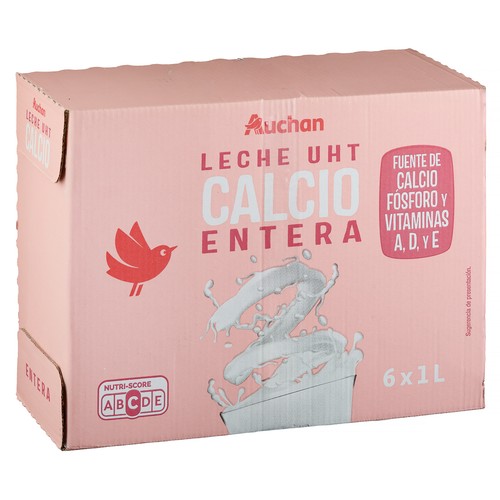 AUCHAN Leche entera de vaca, enriquecida con calcio 6 x 1 l Producto Alcampo.