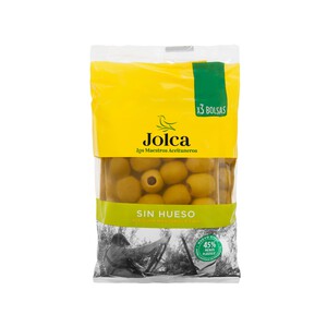 JOLCA Aceitunas verdes manzanilla fina sin hueso JOLCA bolsa de 3 uds x 50 g.
