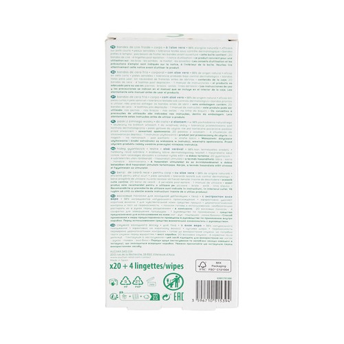 COSMIA Bandas depilatorias corporales con aloe vera, especiales pieles sensibles 20 uds.