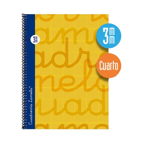 Cuaderno de espiral tamaño cuarto con 80 hojas de cuadrovía 3mm. Cubierta extra dura color amarillo. EDITORIAL LAMELA.