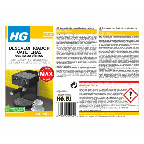HG Descacificador cafeteras espresso y monodosis HG 500 ml.