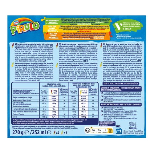 PIRULO Fruit explosion mix Sorbetes de frutas (manzana y cereza ácida) y (mango, fruta de la pasión y kiwi) 6 x 42 ml.