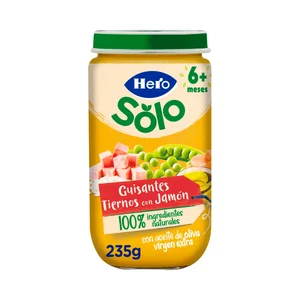 HERO Solo Tarrito de guisantes tiernos con jamón (textura suave), a partir de 6 meses 235 g.