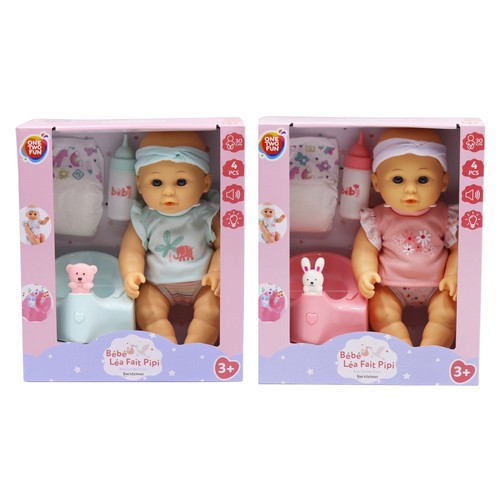Muñeca bebé Léa que hace pipí, incluye accesorios, 30 cm, ONE TWO FUN.