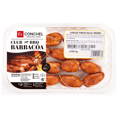 Bandeja con chorizos de pincho, dulce y oreados, sin gluten y especiales para barbacoa EL CONCHEL 350 g