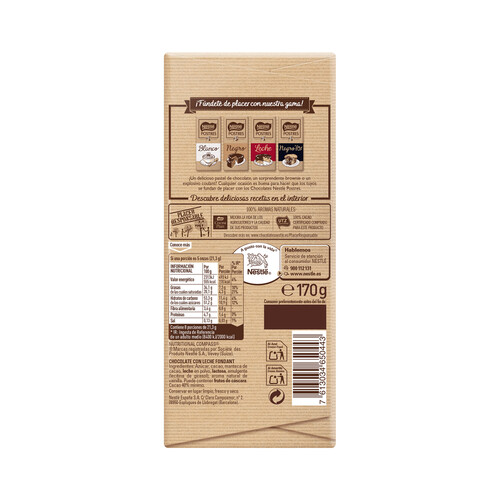 NESTLÉ Chocolate con leche, especial postres tableta de 170 g.