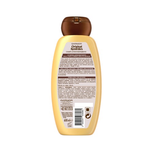 ORIGINAL REMEDIES Champú antiencrespamiento con aceite de aguacate y manteca de karité para cabello rebelde y difícil de controlar ORIGINAL REMEDIES de Garnier 600 ml.
