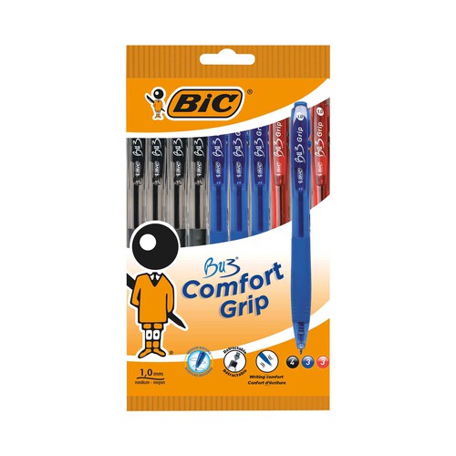 Pack 10 bolígrafos con una punta media de 1,0 mm - varios colores: azul, negro y rojo, BIC.