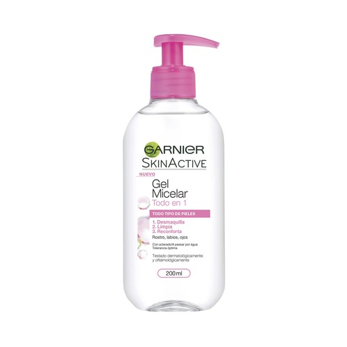 GARNIER Gel micelar desmaquillante y limpiador, para todo tipo de pieles GARNIER Skin active 200 ml.