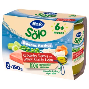 HERO Solo buenas noches Tarrito de guisantes tiernos con jamón cocido extra (textura suave), a partir de 6 meses 2 x 190 g.