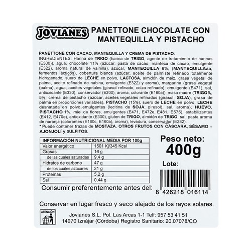 Panettone de cacao con mantequilla y pistacho 400 g.