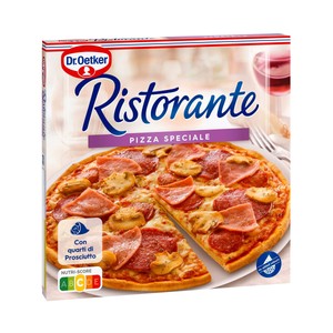 Imagen de DR. OETKER Pizza de masa fina y crujiente cubierta de queso, salami, champiñón y jamón cocido Ristorante 345 g.