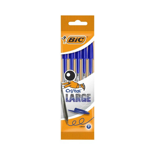 5 bolígrafos con tapa punta media grosor de 1.6mm y tinta base de aceite color azul BIC Cristal large.