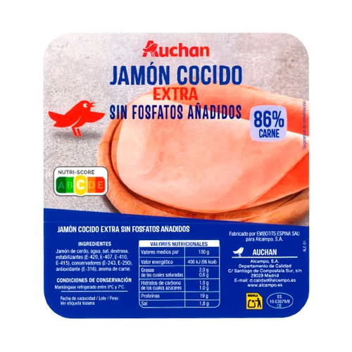 Jamón cocido extra sin fosfato PRODUCTO ALCAMPO 150 Gramos Aproximados
