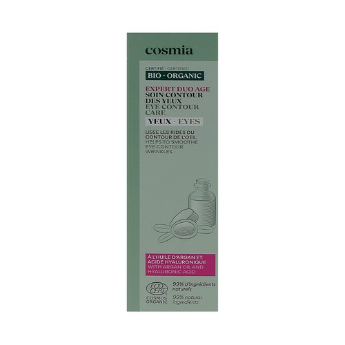 COSMIA Bio expert duo age Contorno de ojos antiarrugas, con aceite de argán y ácido Hialurónico 15 ml.