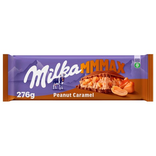 MILKA Chocolate relleno con deliciosa crema de caramelo y trocitos de cacahuete 276 g.
