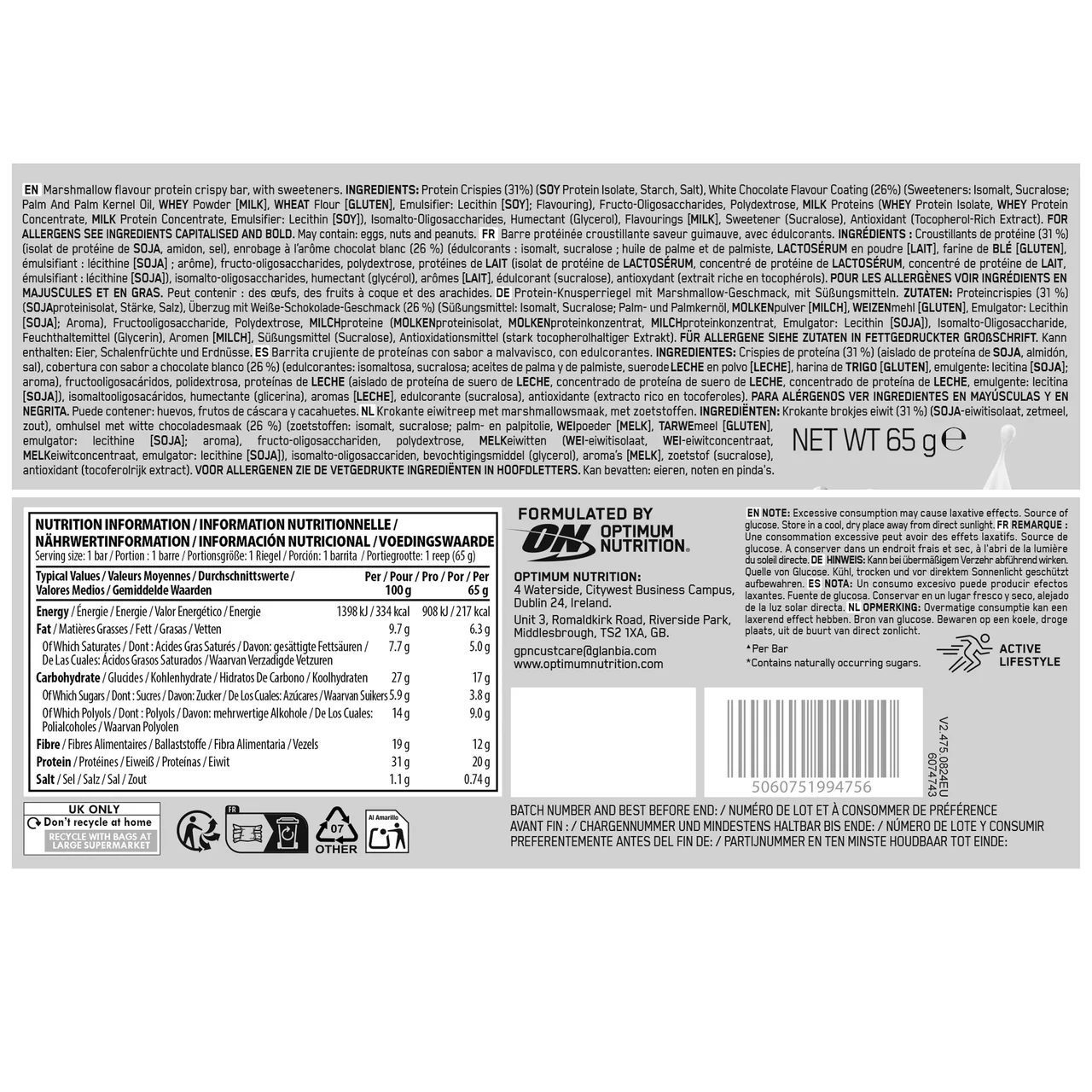 Barrita de proteína crunch marshmallow 65 g.