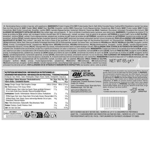 OPTIMUM NUTRITION Barrita de proteína crunch marshmallow 65 g.