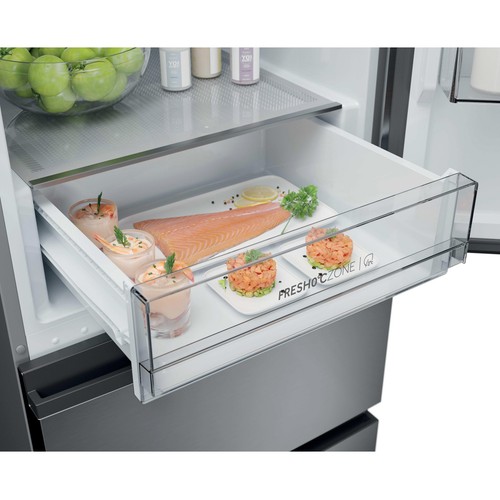 Frigorífico combi 185cm HAIER HTR3618CNMG INOX, 3 cajones, NO FROST, clasificación energética: C, H: 185cm, A: 59,5cm, F: 66,7cm, capacidad total: 360L.