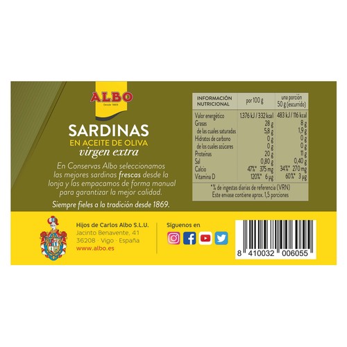 ALBO Sardinas en aceite de oliva virgen lata de 85 g.