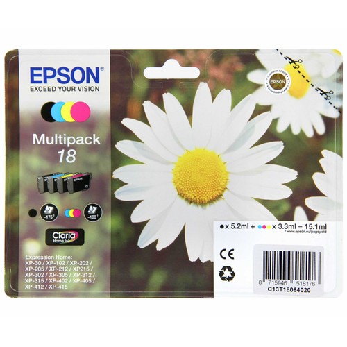 Pack de 4 cartuchos de tinta EPSON 18, negro, cian, magenta y amarillo.