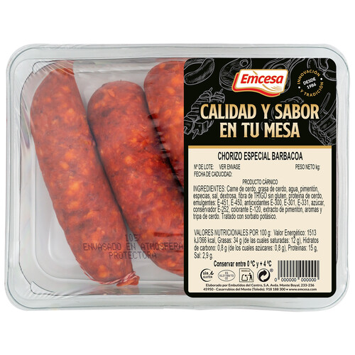 Bandeja con chorizos especiales para barbacoa, elaborados sin gluten EMCESA. 460 Gramos Aproximados