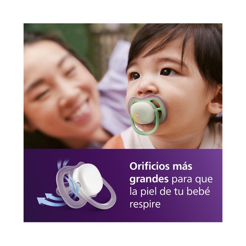 AVENT Ultra air nighttime de Philips Chupetes de 6 - 18 meses, con tetina con diseño ortodóntico y que brillan en la oscuridad 2 uds.