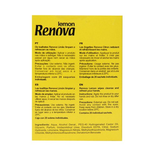 RENOVA Toallitas húmedas refrescantes con perfume de limón 20 uds.