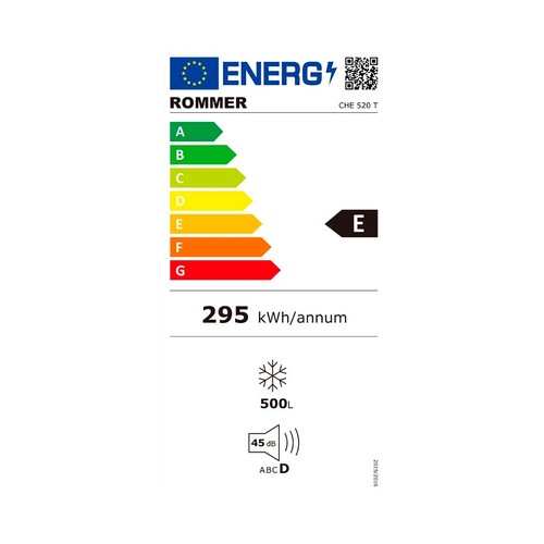 Arcón congelador ROMMER CHE-520T blanco, clasificación energética: E, H: 83,5cm, A: 165,5cm, F: 73,5cm, capacidad total: 500L.